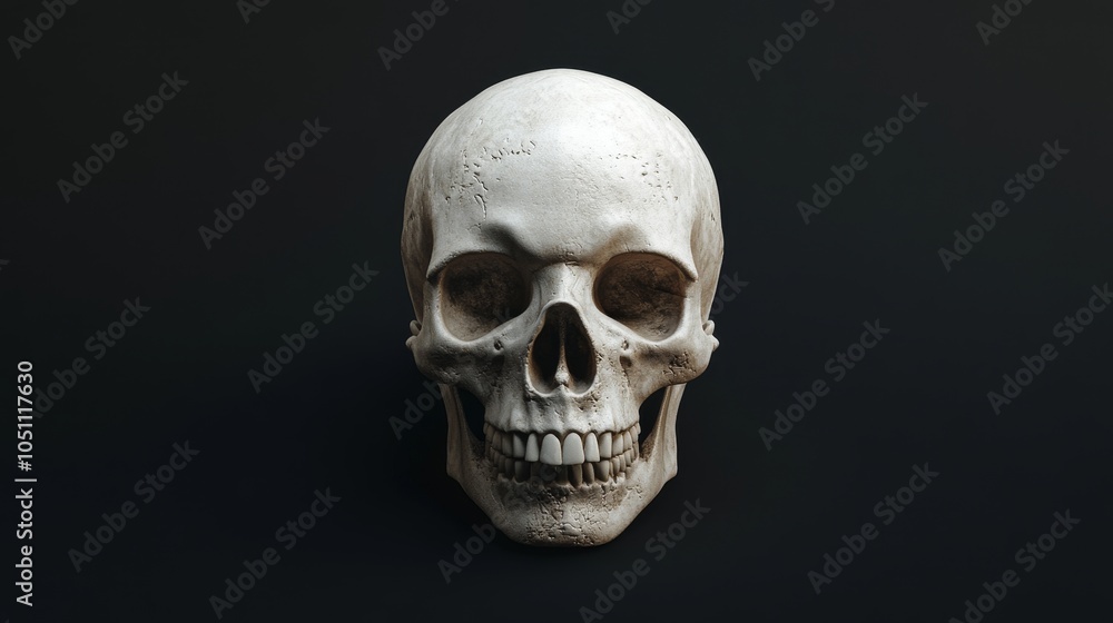 Detailed 3D rendering of a human skull isolated on black background, front view with intricate bone details and sharp contrast, highlighting natural textures and shapes, Detailed 3D rendering of a human skull isolated on black background, front view with intricate bone details and sharp contrast, highlighting natural textures and shapes,