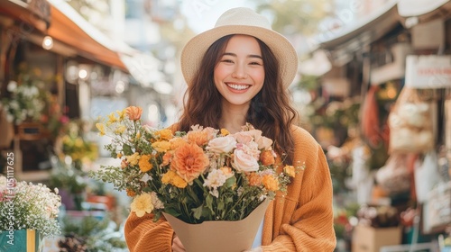 Smiling Asian woman with bouquet against colorful city backdrop, Canon 5D Mark 4 photo.