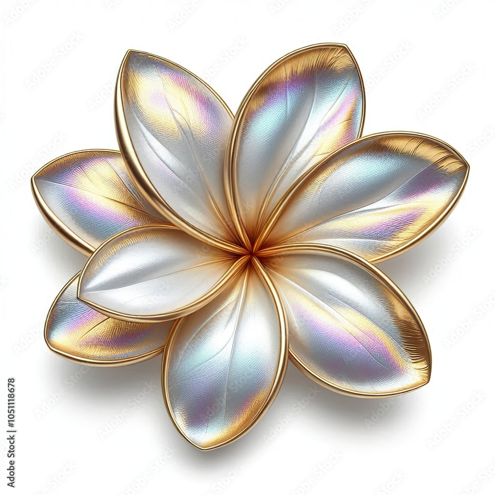 Metallic iridescent Frangipani blossom, wide gold metallic foil trim, pure white petals, minimalistic and luxurious design Metallic iridescent Frangipani blossom, wide gold metallic foil trim, pure white petals, minimalistic and luxurious design