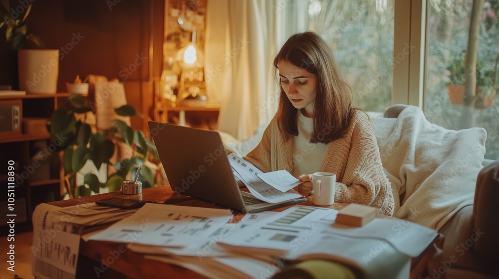 Businesswoman in cozy office analyzing financial reports laptop data. AI generated Businesswoman in cozy office analyzing financial reports laptop data. AI generated