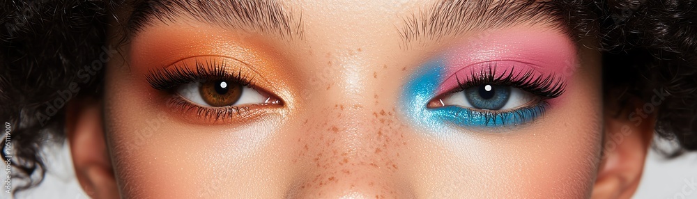 Fototapeta premium A close-up of a woman's eyes showcasing vibrant eye makeup, featuring orange on one side and blue-pink on the other, highlighting creativity and boldness.