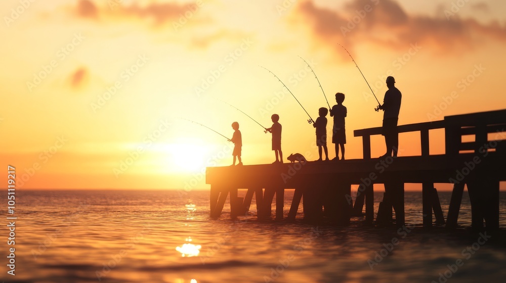 Lively summer day at pier with families fishing, kids holding rods, joyful outdoor activity, family fun, light box glowing.