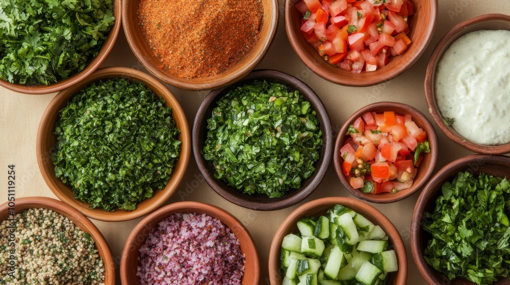 Fresh Seasonal Eastern Food Ingredients in Bowls Fresh Seasonal Eastern Food Ingredients in Bowls