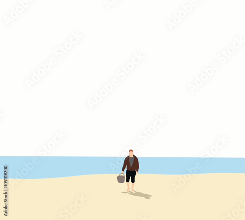 Man holding bucket walking on the beach. Sandbox toy. Tropical summer beach vacation. Minimal design.