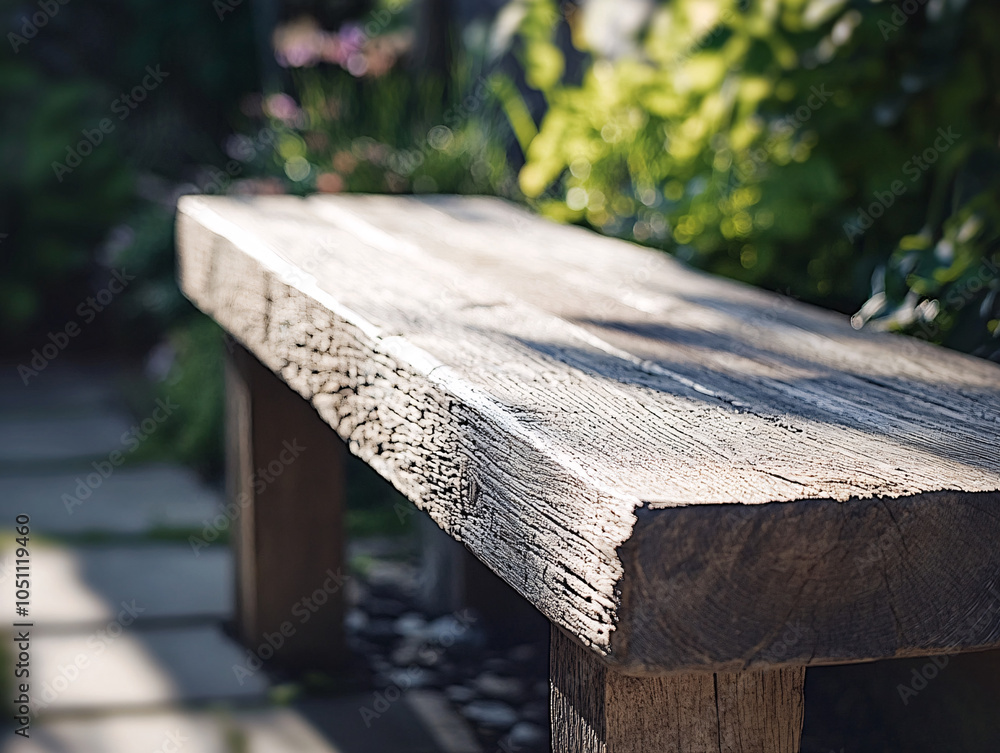 Fototapeta premium rustic wooden bench in a lush garden setting with sunbeams shining through the leaves