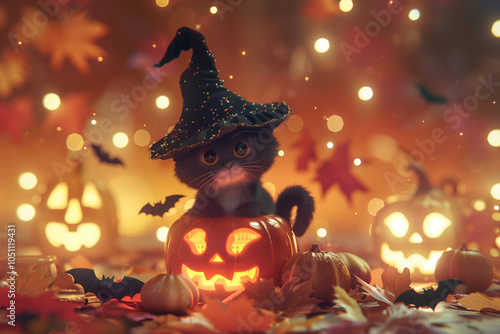 A cozy Halloween night, a chubby black kitten with a cute witch hat sits on a pumpkin photo