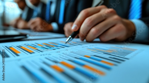 A Close-Up View of a Hand Pointing at a Bar Graph on a Blue Paper