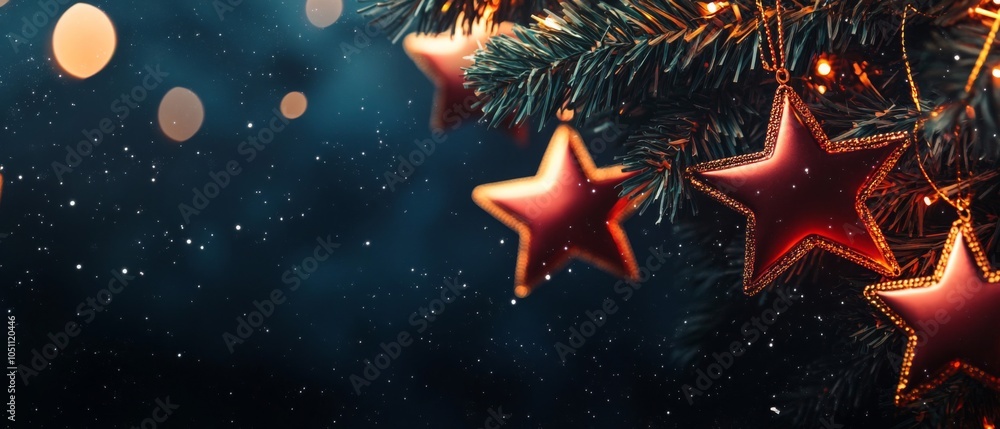 Red Star Ornaments on a Christmas Tree Branch with a Blurry Blue Background Red Star Ornaments on a Christmas Tree Branch with a Blurry Blue Background