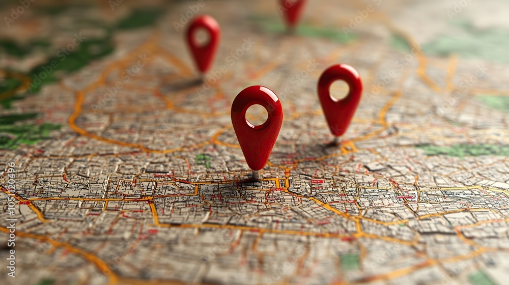 city map with red location pins highlighting specific places of interest.image city map with red location pins highlighting specific places of interest.image
