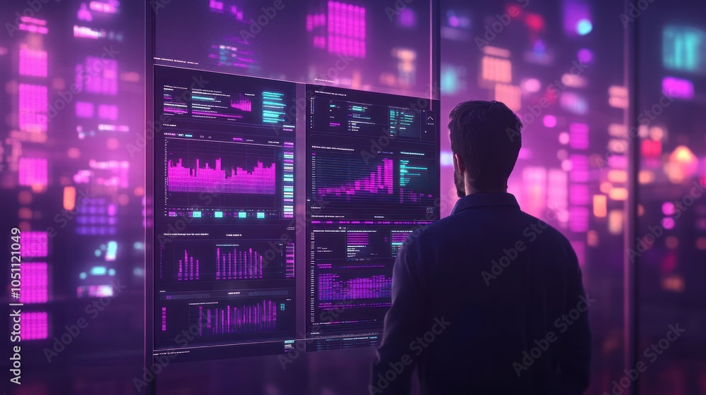 Man Looking at Data on a Screen in a Neon-Lit Room Man Looking at Data on a Screen in a Neon-Lit Room