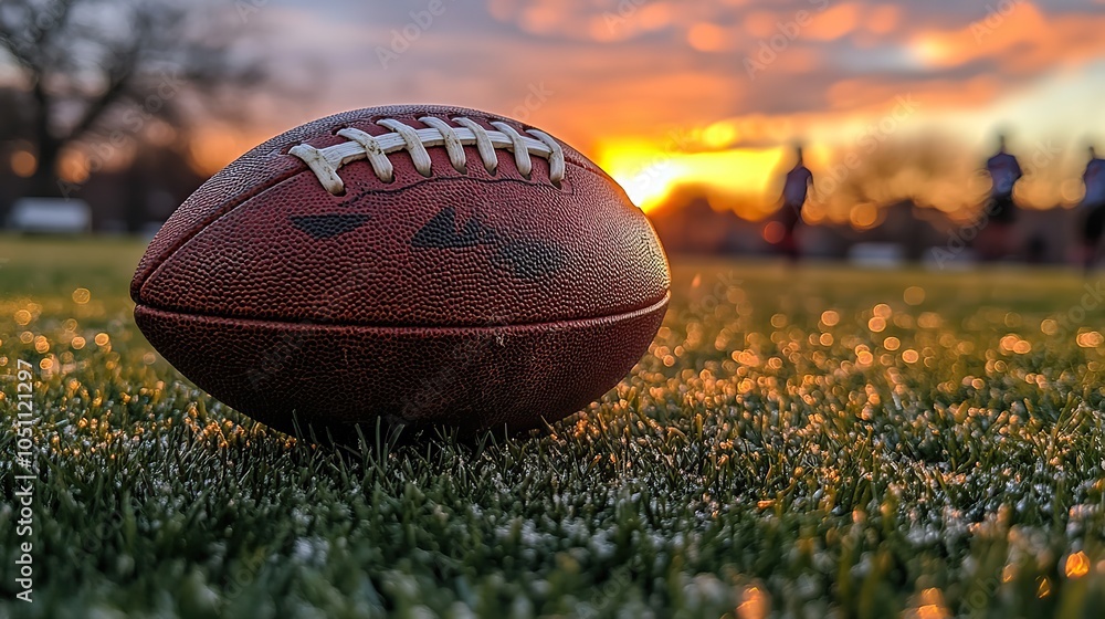close-up of football held by its handle, players in the background blurred as the sun sets over the field.stock photo close-up of football held by its handle, players in the background blurred as the sun sets over the field.stock photo