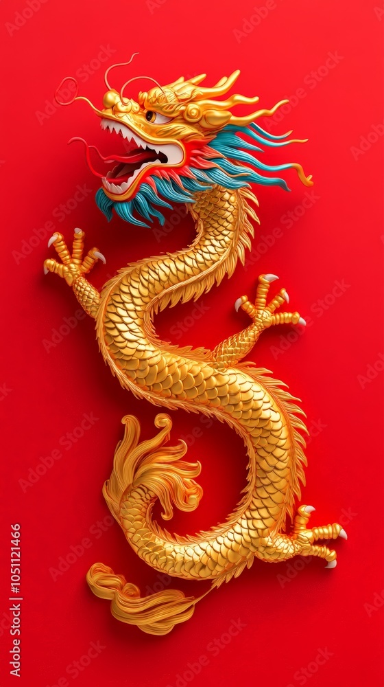 Fototapeta premium Golden Floating Dragon on Red Background