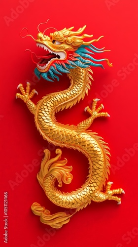 Golden Floating Dragon on Red Background