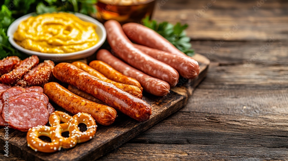 Sausages, Mustard, and Pretzels on Rustic Wooden Table Sausages, Mustard, and Pretzels on Rustic Wooden Table
