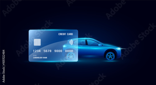 Credit card and EV car. Electric vehicle alternative clean energy future to automotive industry. Environment energy technology. Banner vector EPS10.