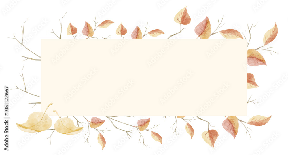 Watercolor Illustration Backdrop Rectangle With Bare Branches, Twigs With Autumn Leaves. Image For Use In Packaging, Print, Web