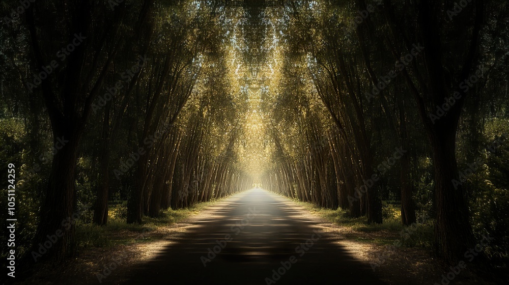 Obraz premium Sunlit Path Through a Forest of Trees