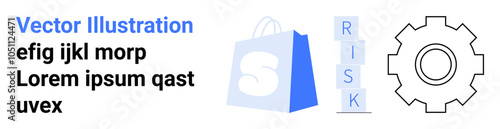 Blue shopping bag symbol with a white letter S white gear symbol and the word RISK in blue theme with grey sample text. Ideal for business e-commerce risk management design and marketing. Landing