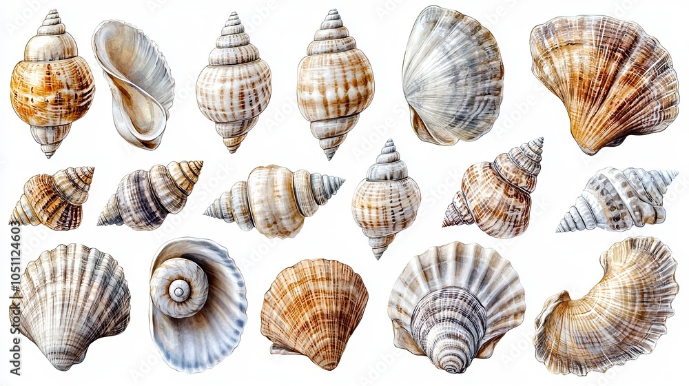 collection of different seashells, isolated on transparent background, representing marine vintage watercolor illustration, perfect for banners, posters, cards, or print designs.stock photo collection of different seashells, isolated on transparent background, representing marine vintage watercolor illustration, perfect for banners, posters, cards, or print designs.stock photo