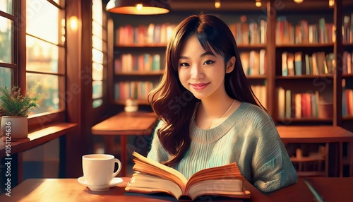 図書館で読書する女の子