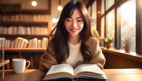 図書館で読書する女の子