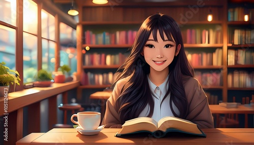 図書館で読書する女の子