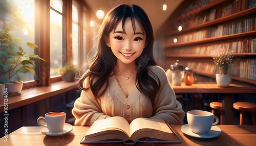 図書館で読書する女の子