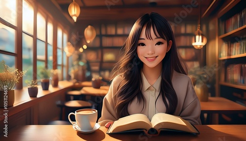 図書館で読書する女の子