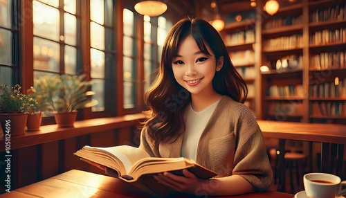 図書館で読書する女の子