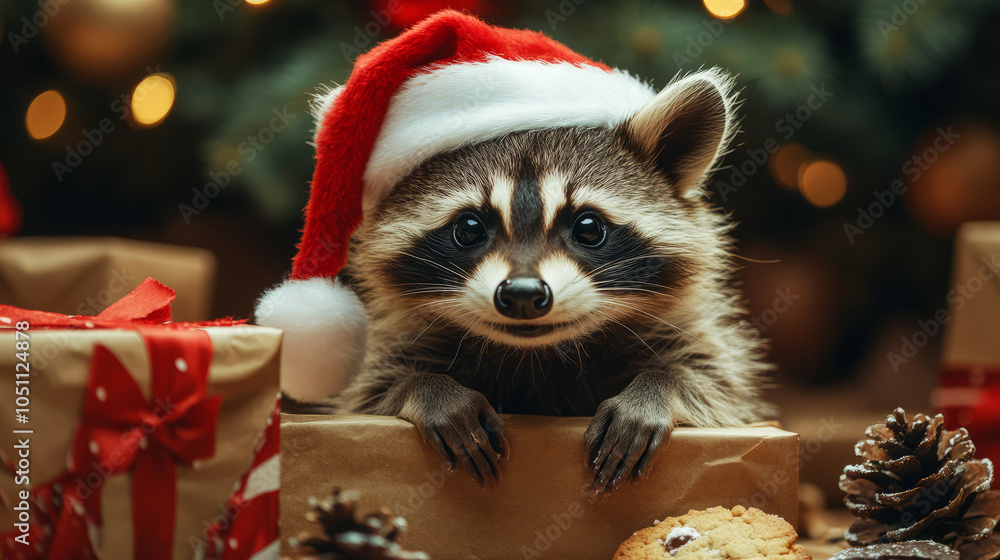 Mischievous Raccoon in Santa Hat Peeking from Box Mischievous Raccoon in Santa Hat Peeking from Box