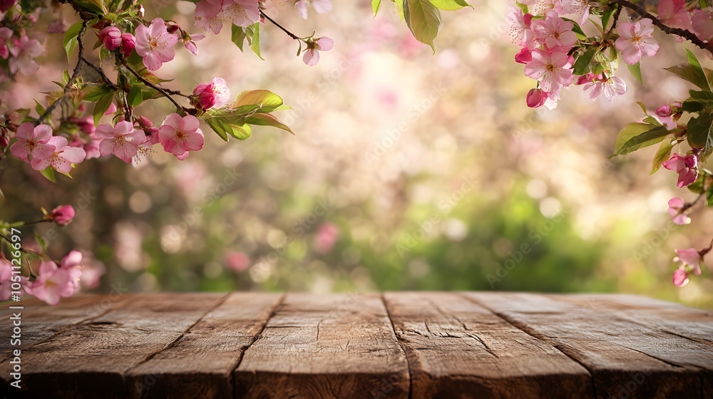 Wooden table with spring blossoms background