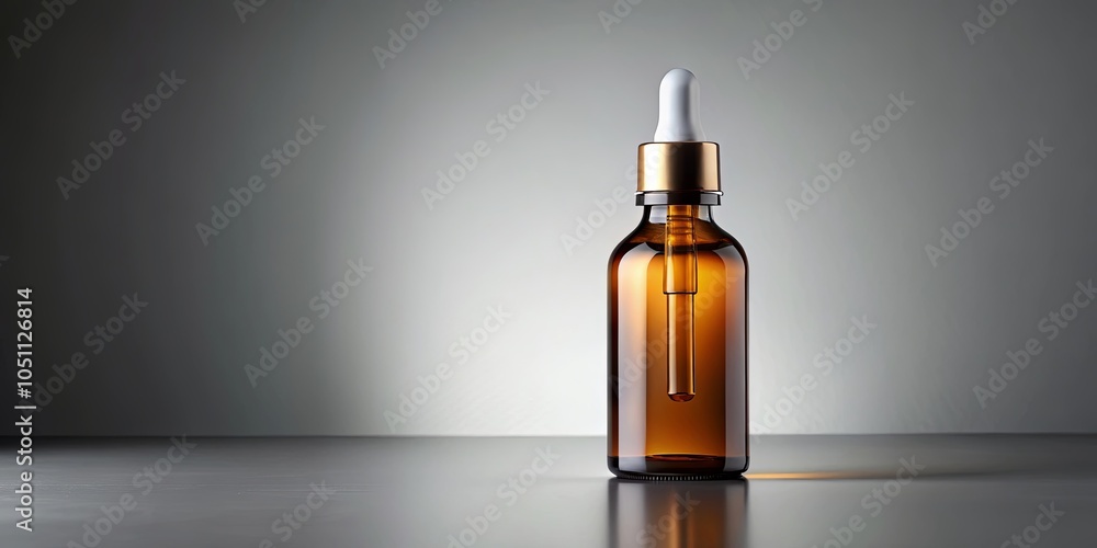 A glass bottle with a dropper cap, filled with a clear liquid, stands on a gray surface, bathed in a soft light. A glass bottle with a dropper cap, filled with a clear liquid, stands on a gray surface, bathed in a soft light.