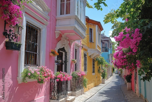 Fototapeta Naklejka Na Ścianę i Meble -  A colorful street lined with vibrant buildings, with bright pink flowers hanging from the balconies.