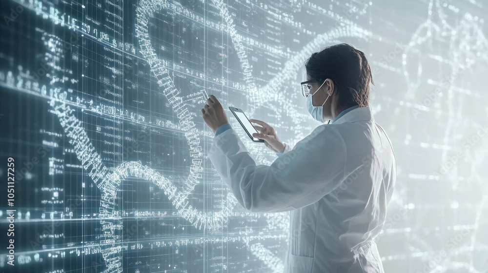 A doctor examines a 3D virtual model of the human brain and DNA structure on a futuristic touch screen interface. A doctor examines a 3D virtual model of the human brain and DNA structure on a futuristic touch screen interface.