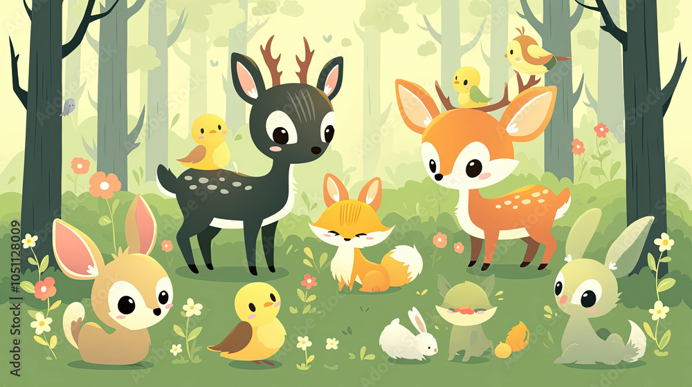 Fototapeta premium Illustrations of small animals in the forest, including deer, foxes, and rabbits
