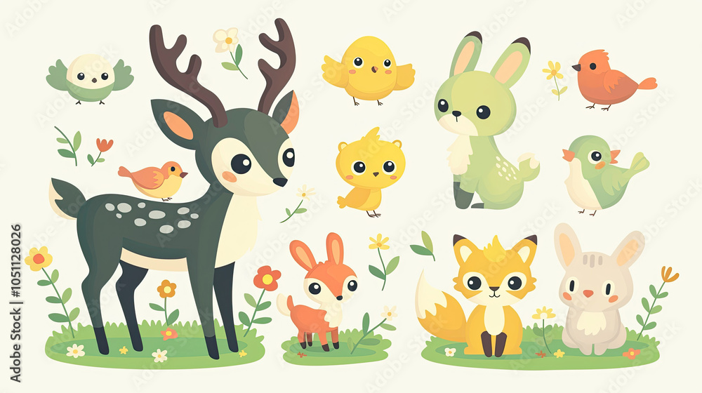 Naklejka premium Illustrations of small animals in the forest, including deer, foxes, and rabbits