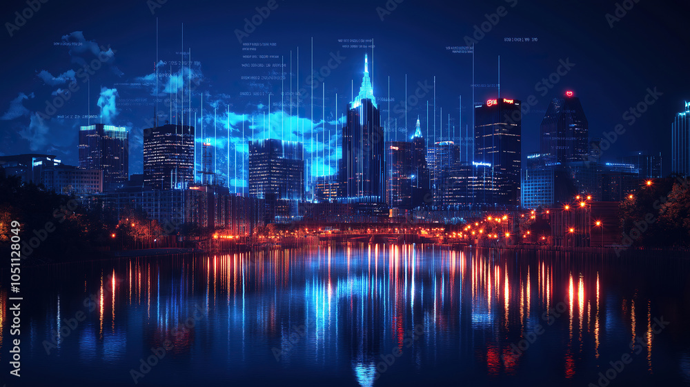 Fototapeta premium Illuminated skyline of Nashville's Broadway district paired with forex trading hologram concepts