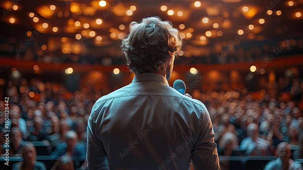 Obraz premium confident man standing on stage with his back to the audience, holding an ice blue microphone and speaking.image
