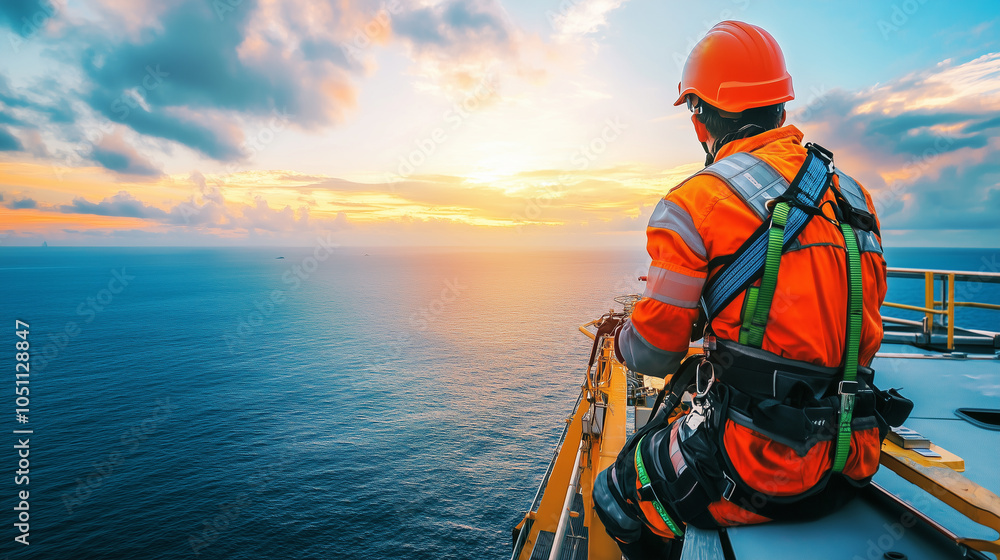 Technician in safety harness repairing offshore wind turbine at sea. Technician in safety harness repairing offshore wind turbine at sea.