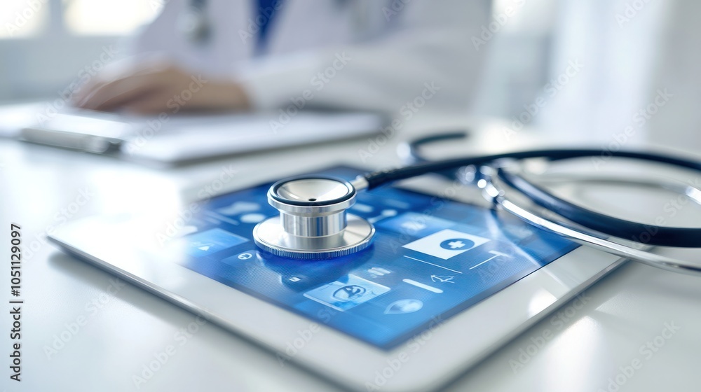 close-up image of a stethoscope resting on a clean white surface, close-up image of a stethoscope resting on a clean white surface,
