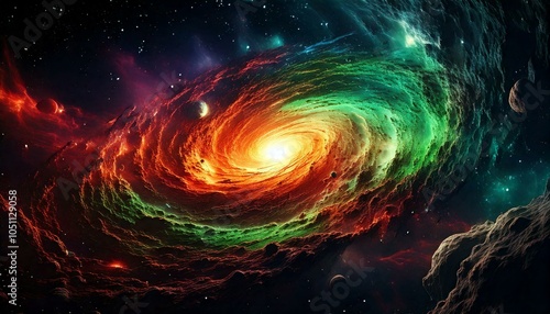 An alien-looking galaxy with swirling green and red gases