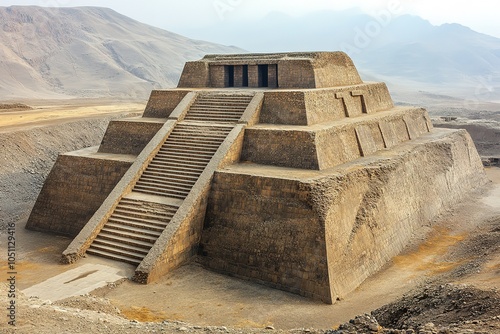 A towering ancient pyramid stands against a hazy sky in a desolate landscape. photo