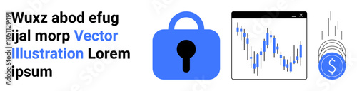 Blue lock icon, a financial chart showing fluctuating trends, and falling coins symbolize cybersecurity and financial analysis. Ideal for data protection, online security, finance, business, tech