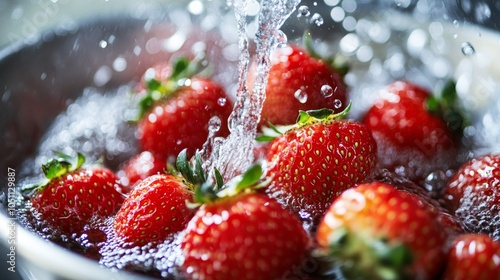 2410 76.A detailed image of strawberries being rinsed in a bowl, their red, shiny surfaces reflecting the light as water splashes around them, showcasing the freshness and cleanliness of these photo