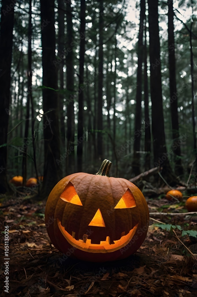 The haunted forest glows with a single scary pumpkin, ready for Halloween night. The haunted forest glows with a single scary pumpkin, ready for Halloween night.