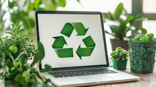 A professional desk setup featuring sustainable practices with a laptop displaying a recycling symbol, surrounded by greenery.