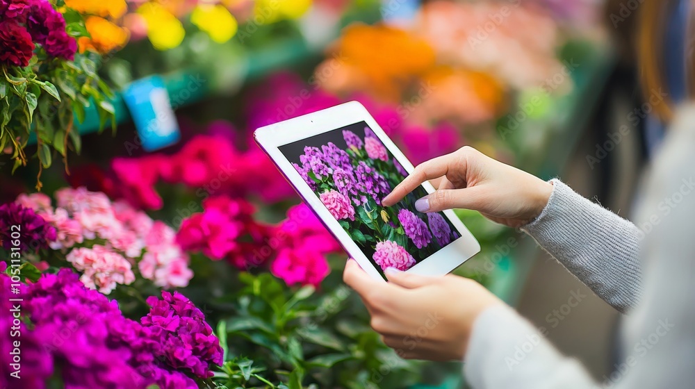 Professional hands interacting with a tablet, showcasing vibrant flowers in a market setting, demonstrating the integration of technology in shopping. Professional hands interacting with a tablet, showcasing vibrant flowers in a market setting, demonstrating the integration of technology in shopping.