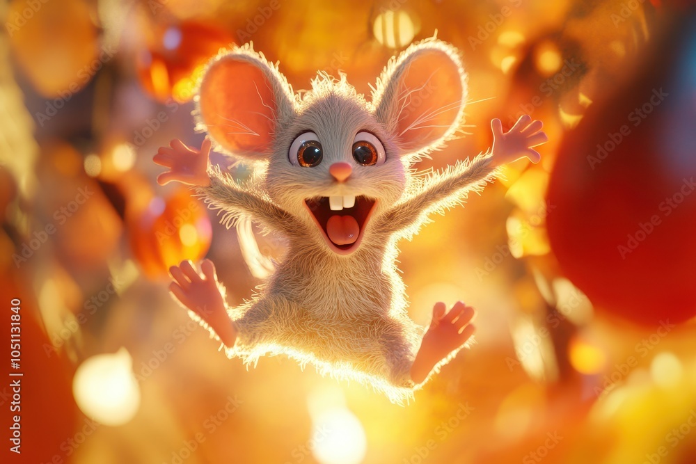 A cartoon mouse is jumping in the air with a big smile on its face A cartoon mouse is jumping in the air with a big smile on its face