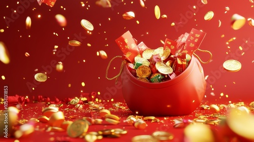 Chinese New Year Red Bag With Gold Coins And Lucky Envelopes