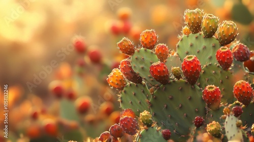 2410 95.A striking image of a prickly pear cactus, its green pads covered in small spines and adorned with ripe, bright-colored fruits, standing out against the arid desert backdrop, symbolizing the